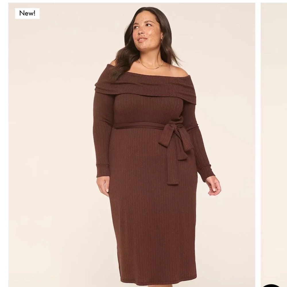 Lane Bryant Tan Ribbed Off The Shoulder Long Sleeve Midi Knit Dress Tie Waist